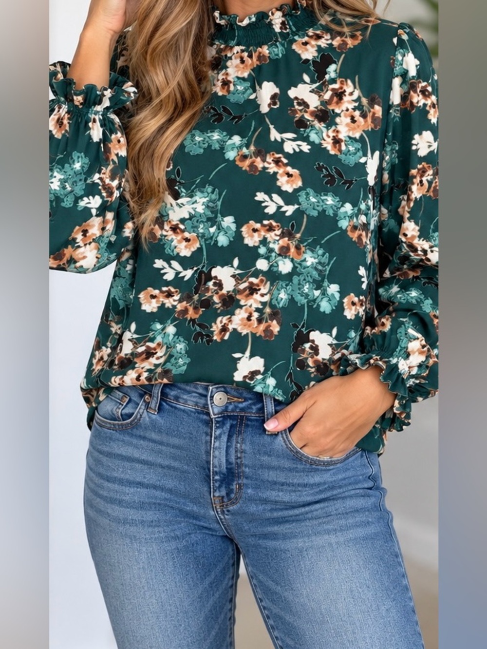 Adrienne Vittadini Dark Green Floral Ruffle-Sleeve Blouse